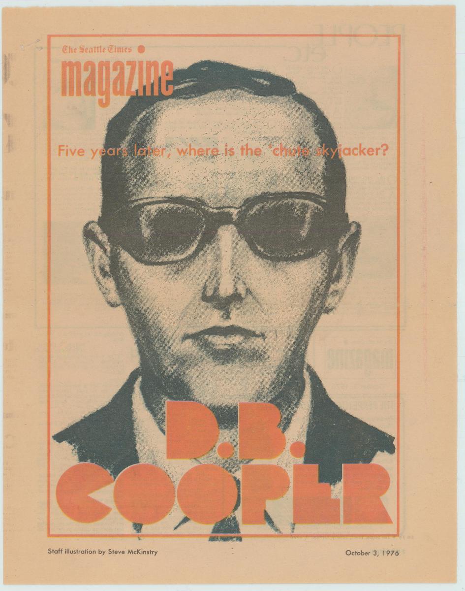 案卷中保存的历史剪报。美国国家档案馆展示的《Seattle Times》1976 年 10 月 3 日封面剪报。人像是报刊绘图，不是库珀本人的照片，也不是确认身份的记录。