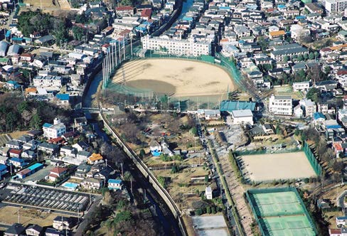 住宅与周边的实际航拍。警方传单公开的现场周边航拍。住宅、仙川、公园与球场是实际地点；照片不是入侵或逃离路线的证明。